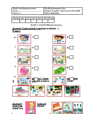 Đề thi học kỳ I môn Tiếng Anh Lớp 3 - Năm học 2015-2016 - Trường TH Thanh Thủy (Có đáp án)